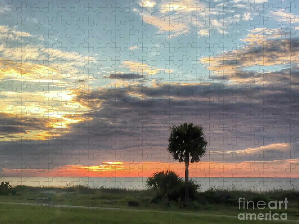 Sunrise Jigsaw Puzzle featuring the photograph Palm Tree Sunrise - Jekyll Island Georgia by Kerri Farley