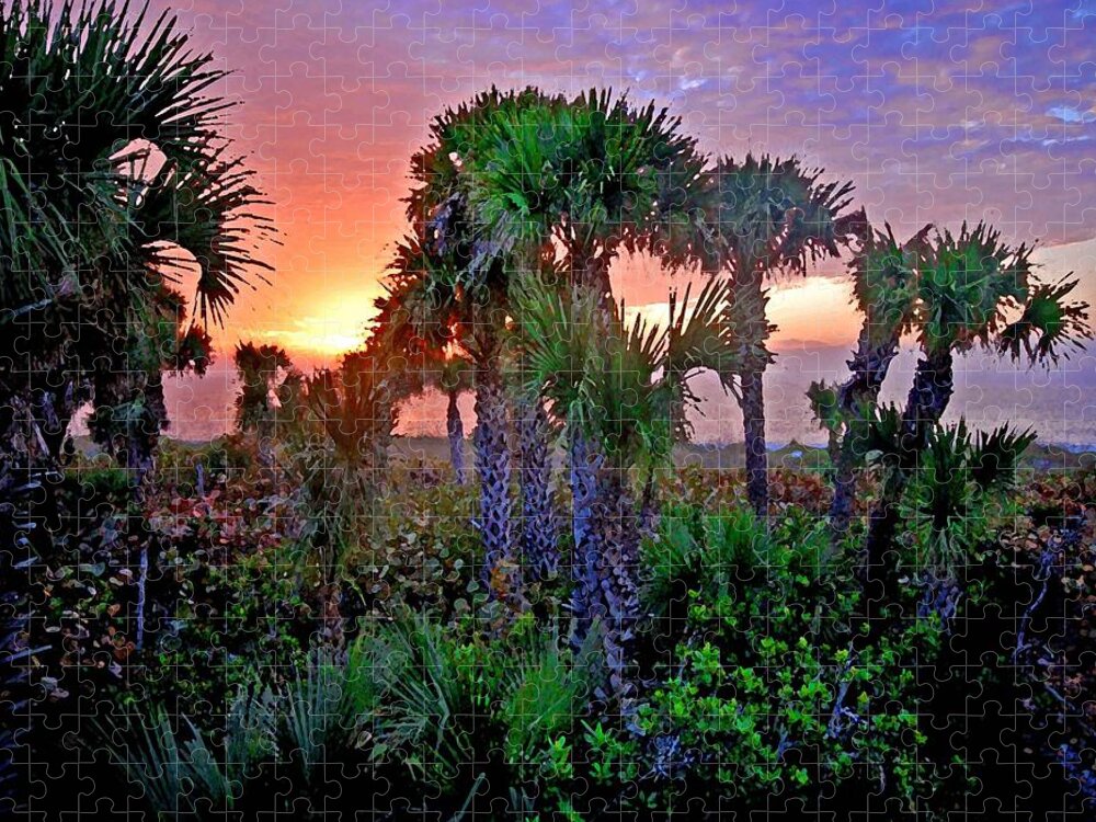 Palm Trees Jigsaw Puzzle featuring the painting Palm Tree Sunset by Michael Thomas