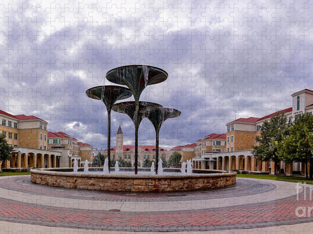 Fort Jigsaw Puzzle featuring the photograph Panorama of Texas Christian University Campus Commons and Frog Fountain - Fort Worth Texas by Silvio Ligutti