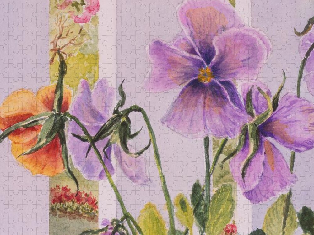 Florals Jigsaw Puzzle featuring the painting Pansies on my Porch by Mary Ellen Mueller Legault