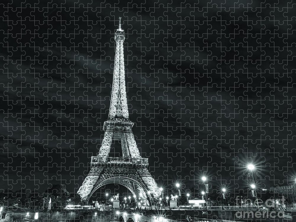 Eiffel Tower Jigsaw Puzzle featuring the photograph Paris Lights at Night Black and White by Alissa Beth Photography