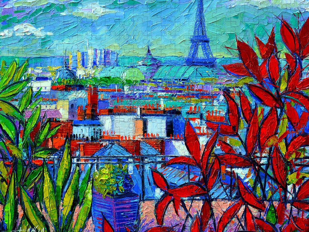 Paris Rooftops Jigsaw Puzzle featuring the painting Paris Rooftops - View From Printemps Terrace  by Mona Edulesco