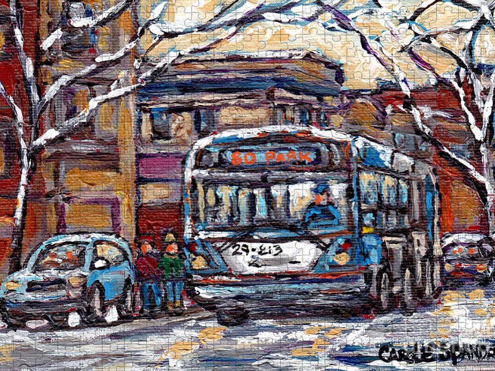 Montreal Bus Jigsaw Puzzle featuring the painting Park Avenue Winterscene Paintings For Sale All Aboard The 80 Bus Montreal Art For Sale C Spandau   by Carole Spandau