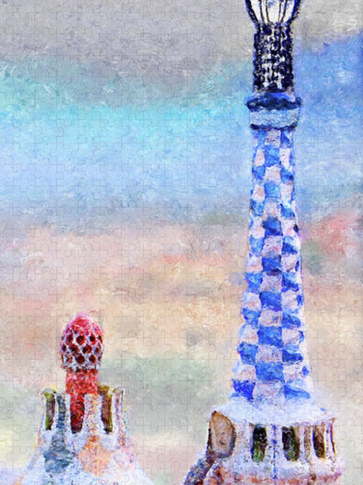 Park Guell Jigsaw Puzzle featuring the photograph Park Guell tower painting- Gaudi by Weston Westmoreland