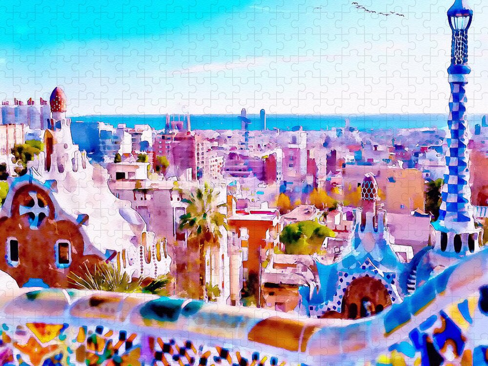 Marian Voicu Jigsaw Puzzle featuring the painting Park Guell Watercolor painting by Marian Voicu