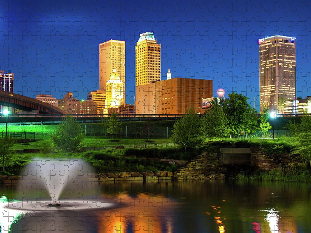 America Jigsaw Puzzle featuring the photograph Park View of the Tulsa Skyline - Oklahoma USA by Gregory Ballos