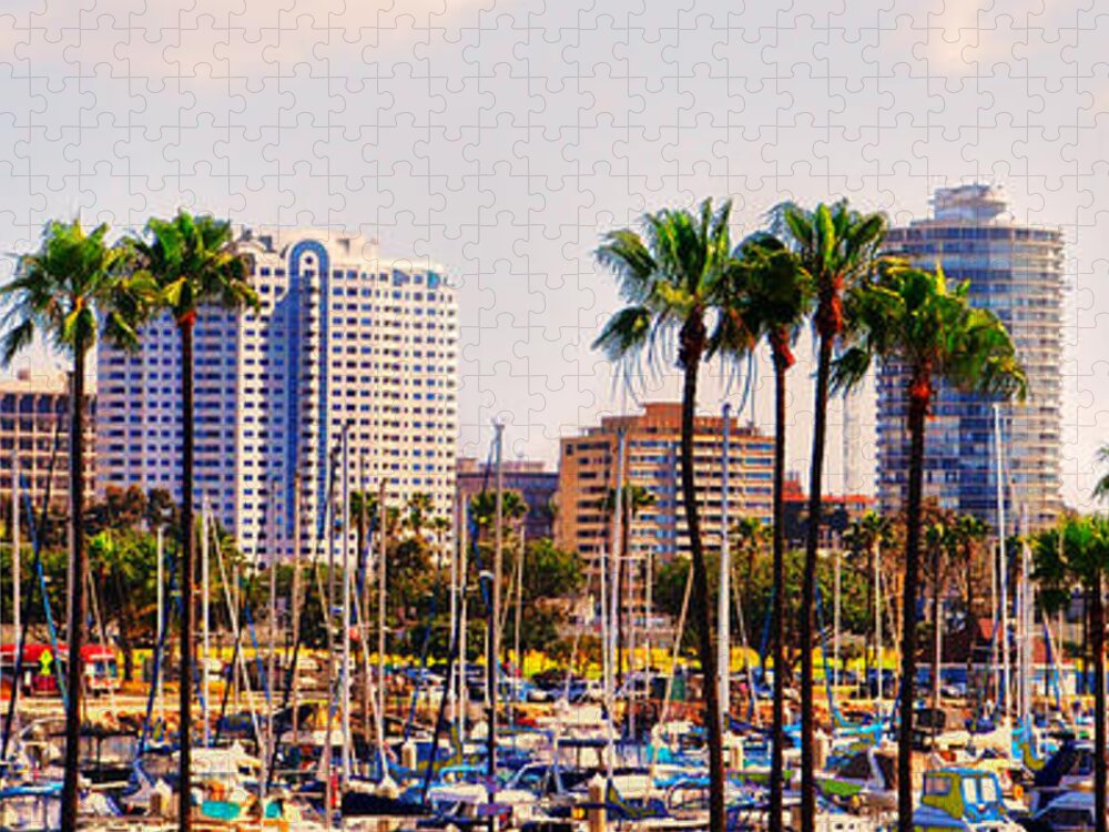 Long Beach Jigsaw Puzzle featuring the digital art Parking and Palms in Long Beach by Bob Winberry