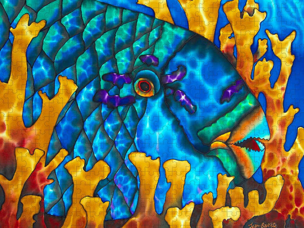 Diving Jigsaw Puzzle featuring the painting Parrotfish and Fire coral by Daniel Jean-Baptiste