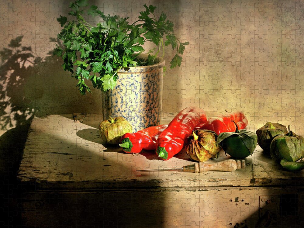 Country Side Board Jigsaw Puzzle featuring the photograph Parsley and Peppers by Diana Angstadt
