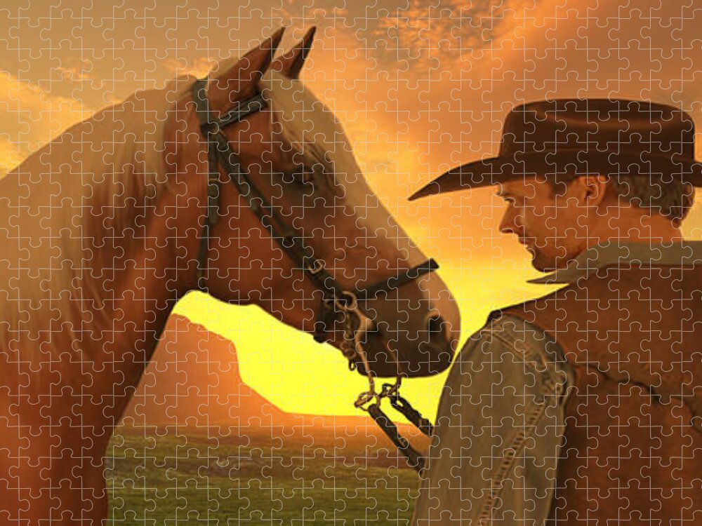 Cowboy Jigsaw Puzzle featuring the painting Partners with Sunset by Corey Ford
