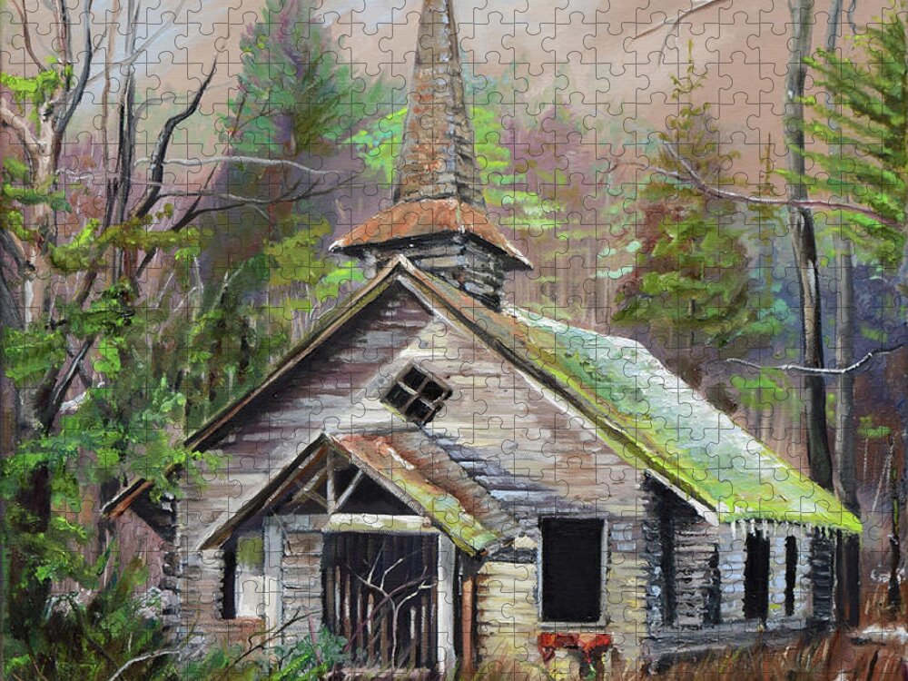 Church Jigsaw Puzzle featuring the painting Patiently Waiting - Church Abandoned-signed by Jan Dappen