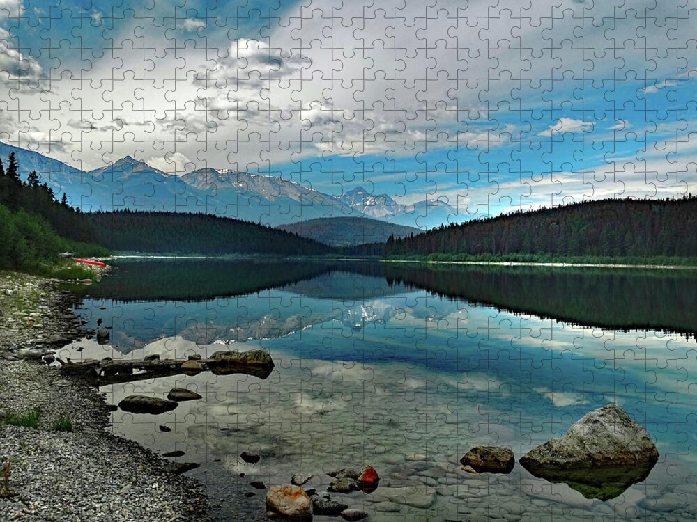 Patricia Lake Jigsaw Puzzle featuring the photograph Patricia Lake Reflection with Red Canoe by David T Wilkinson