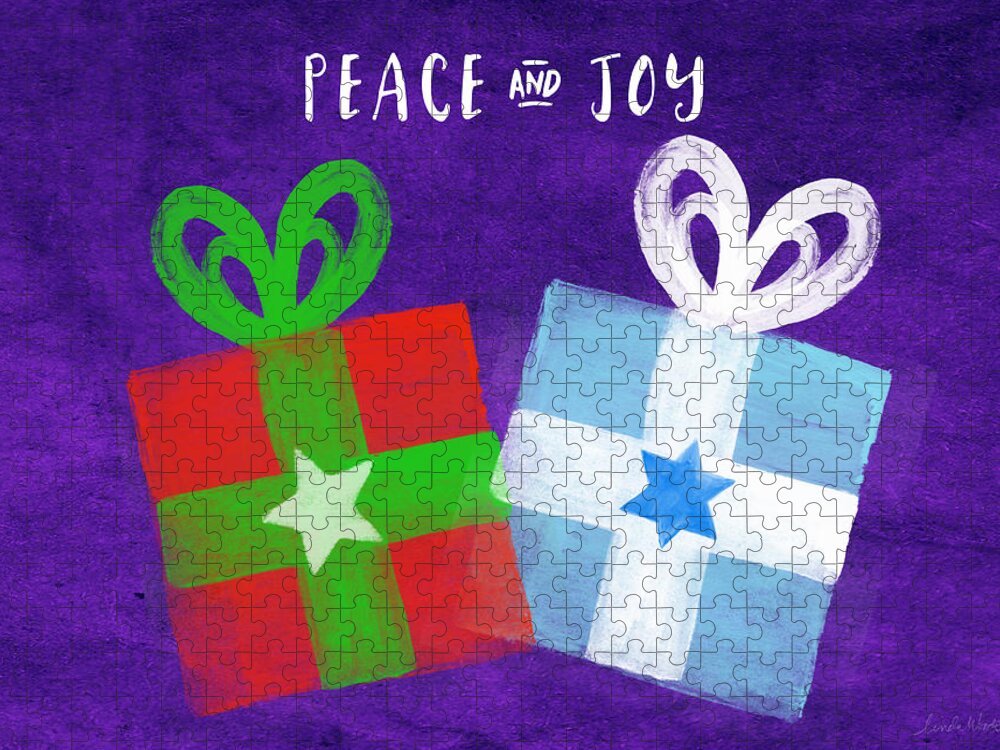 Peace Jigsaw Puzzle featuring the painting Peace and Joy- Hanukkah and Christmas Card by Linda Woods by Linda Woods