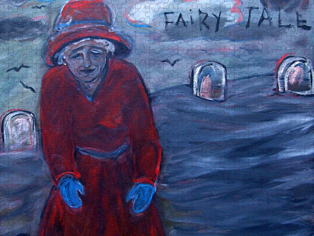 Katt Yanda Original Art Landscape Oil Painting Canvas Graveyard Fairy Tale Little Old Lady Blue Mittens Red Hat Dress Jigsaw Puzzle featuring the painting Peace is a Fairy Tale by Katt Yanda