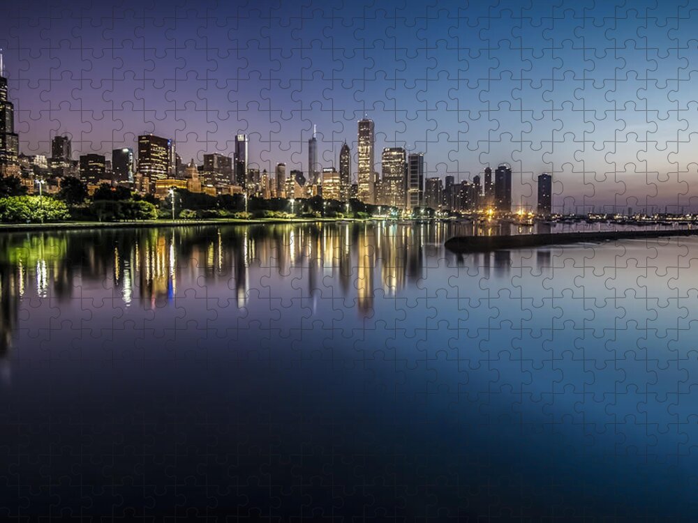 Chicago Jigsaw Puzzle featuring the photograph Peaceful summer dawn scene on Chicago's lakefront by Sven Brogren