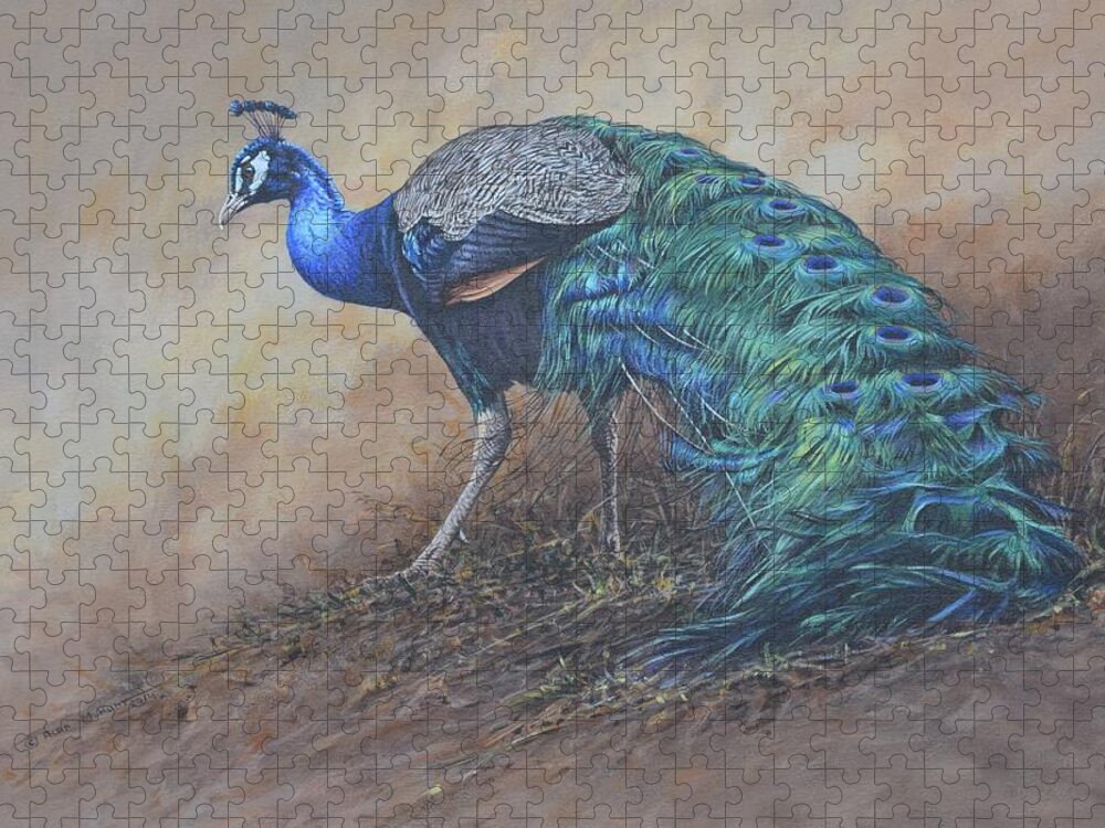 Wildlife Paintings Jigsaw Puzzle featuring the painting Peacock by Alan M Hunt