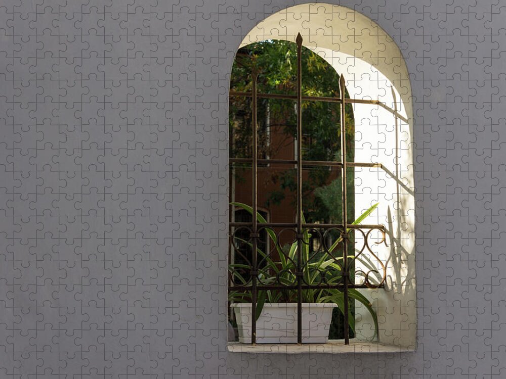 Georgia Mizuleva Jigsaw Puzzle featuring the photograph Peeking Through the Garden Fence Window - Geometric Bars and Shadows by Georgia Mizuleva