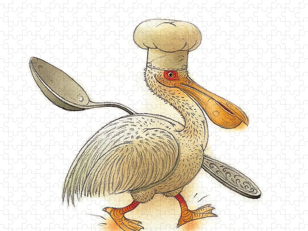 Pelican Birds Cook Food Soup Kitchen Chef Jigsaw Puzzle featuring the painting Pelican by Kestutis Kasparavicius