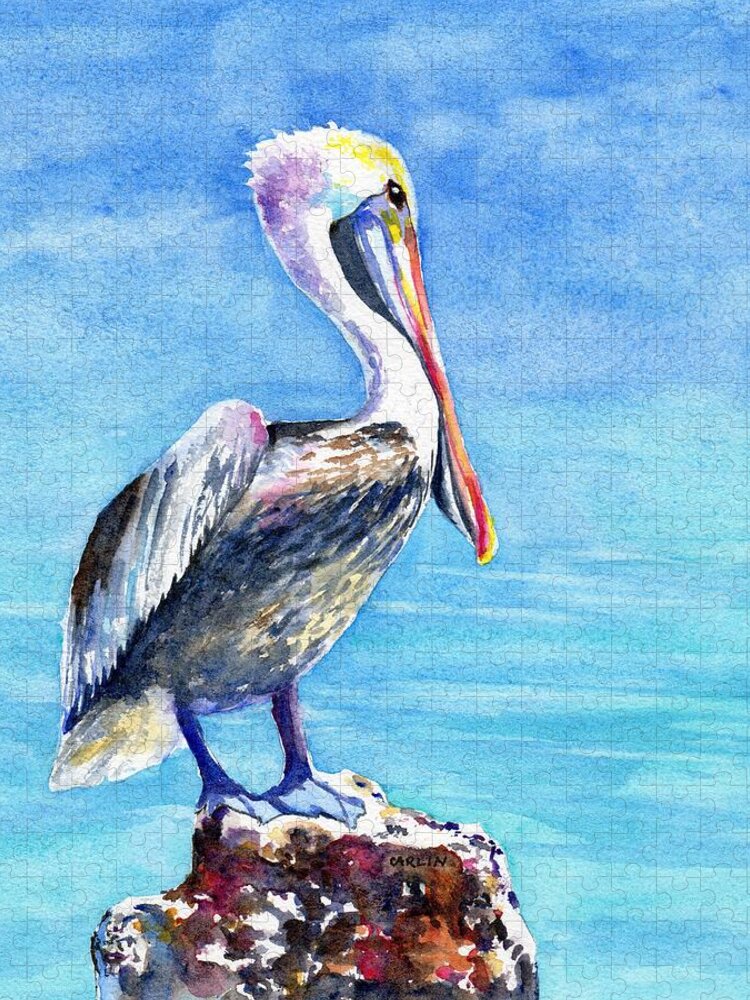 Pelican Jigsaw Puzzle featuring the painting Pelican on a Post by Carlin Blahnik CarlinArtWatercolor