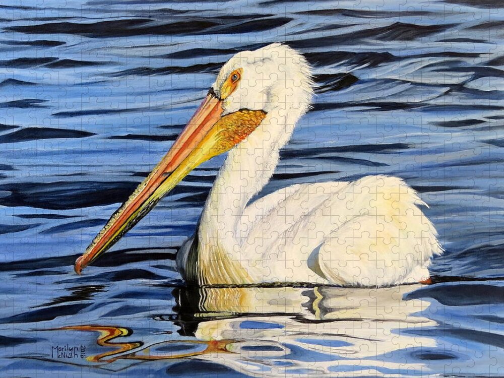 Manigotagan Jigsaw Puzzle featuring the painting Pelican Posing by Marilyn McNish