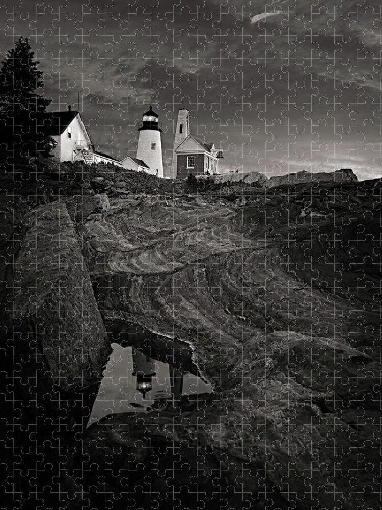 Pemaquid Point Lighthouse Jigsaw Puzzle featuring the photograph Pemaquid Lighthouse at dawn Black and White by David Smith