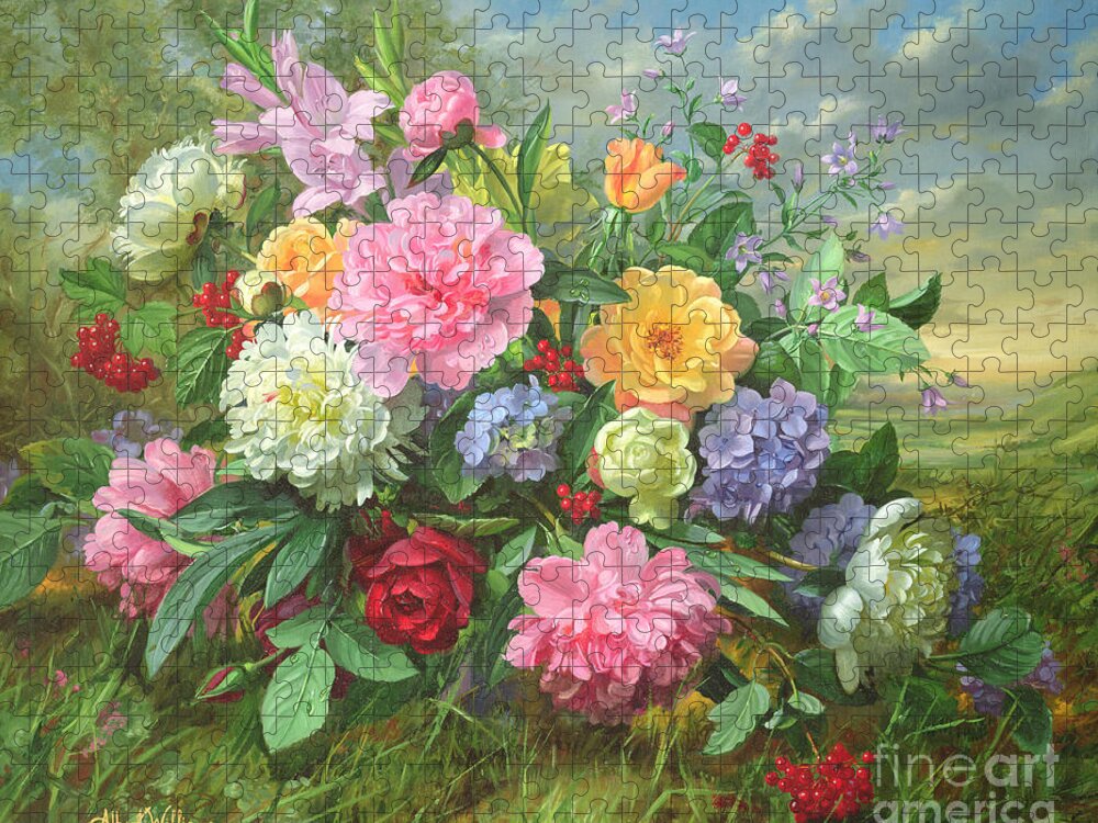 Peonies Jigsaw Puzzle featuring the painting Peonies and Hydrangea by Albert Williams
