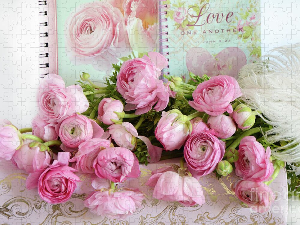 Ranunculus Jigsaw Puzzle featuring the photograph Peonies Ranunculus Roses Shabby Chic Cottage Love - Pink Floral Cottage Home Decor by Kathy Fornal