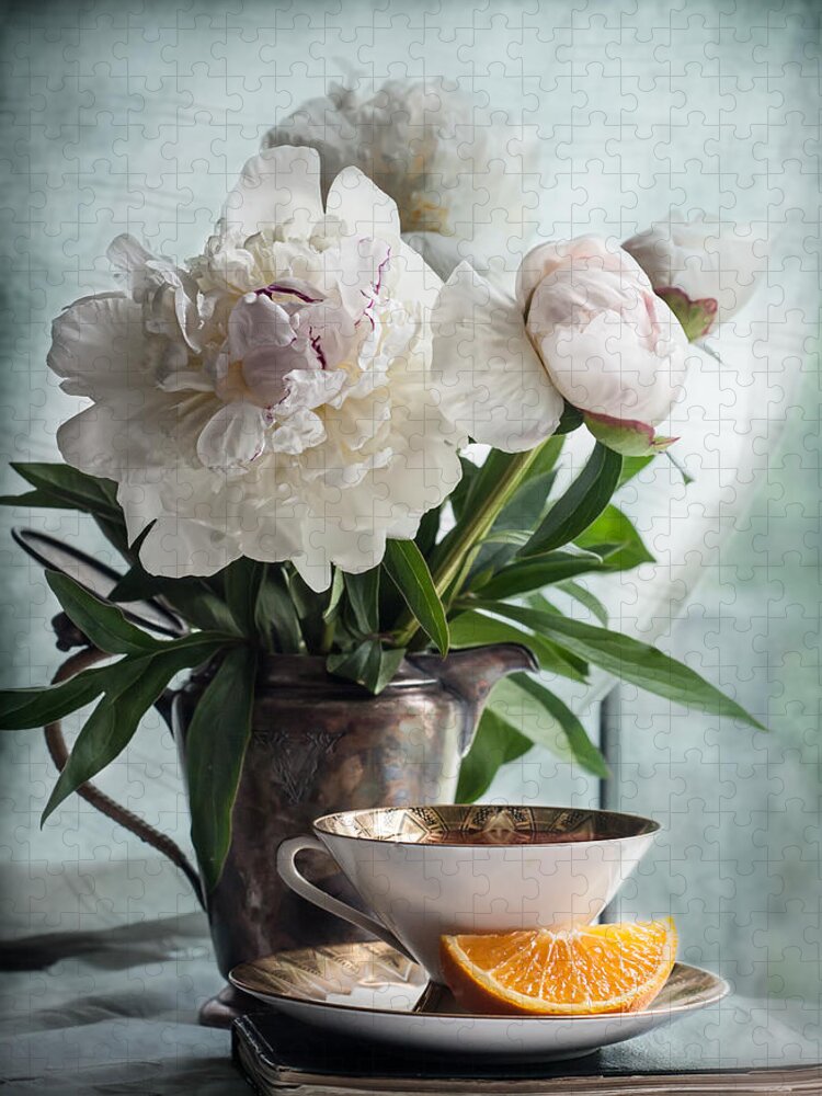 Peony Jigsaw Puzzle featuring the photograph Peonies Tea and Oranges by Maggie Terlecki