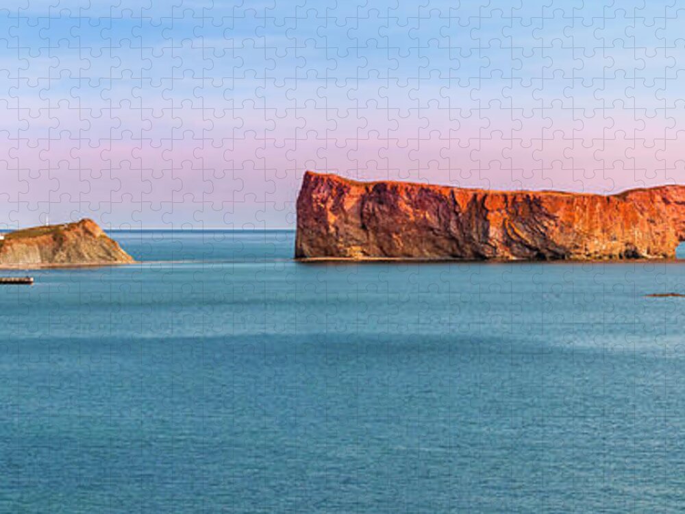 Perce Rock Jigsaw Puzzle featuring the photograph Perce Rock panorama at sunset by Elena Elisseeva