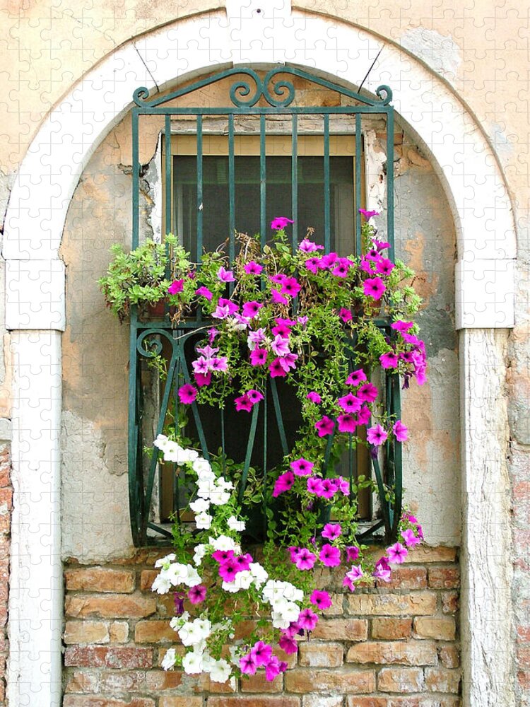 Petunias Jigsaw Puzzle featuring the photograph Petunias Through Wrought Iron by Donna Corless