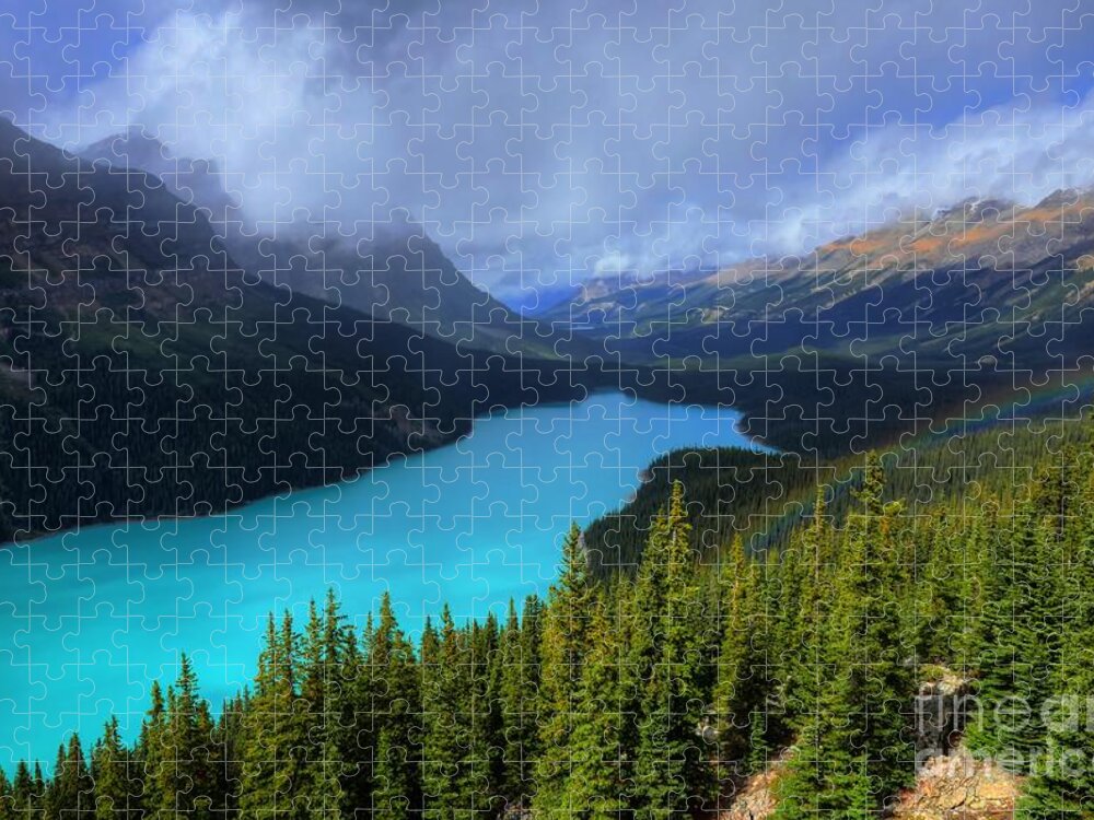 #photogtipsandtricks Jigsaw Puzzle featuring the photograph Peyto Lake Rainbow Below Banff National Park by Wayne Moran