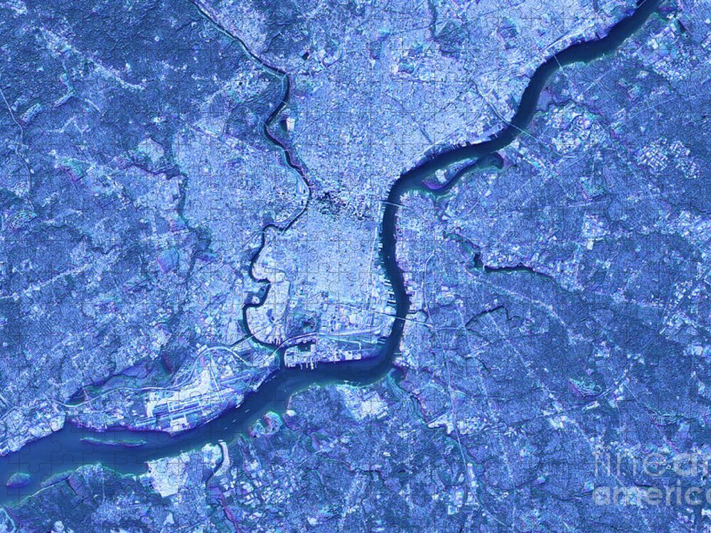 Philadelphia Jigsaw Puzzle featuring the digital art Philadelphia Abstract City Map Satellite Image Blue Detail by Frank Ramspott