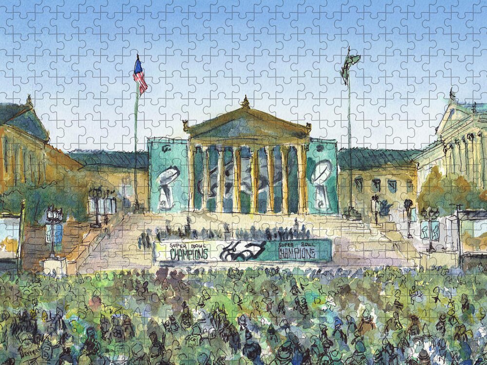 Philadelphia Eagles Super Bowl Nfl Football Champion Art Museum Philly Phila Parade Jigsaw Puzzle featuring the painting Philadelphia Eagles, Flying High by Elissa Poma