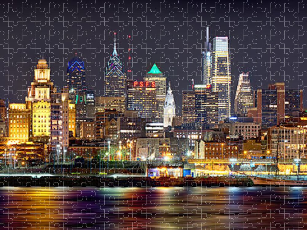 Philadelphia Skyline At Night Jigsaw Puzzle featuring the photograph Philadelphia Philly Skyline at Night from East Color by Jon Holiday