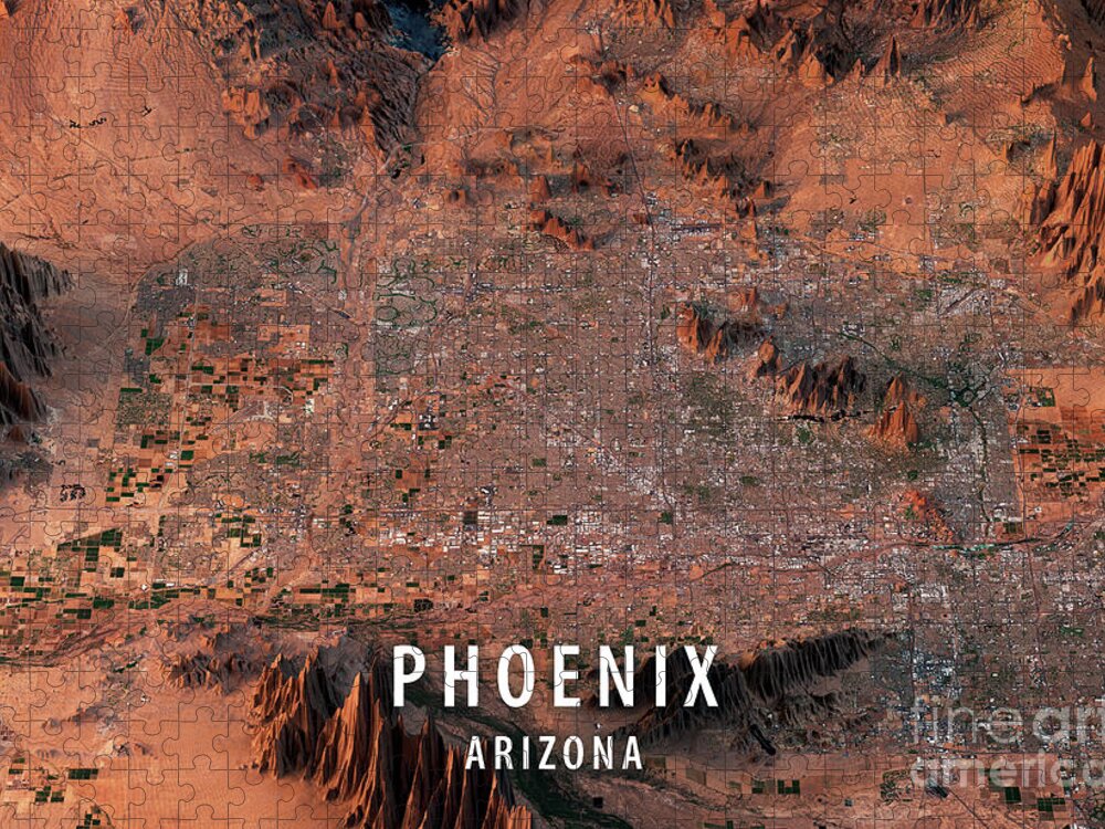 Phoenix Jigsaw Puzzle featuring the digital art Phoenix 3D Render Satellite View Topographic Map Horizontal by Frank Ramspott