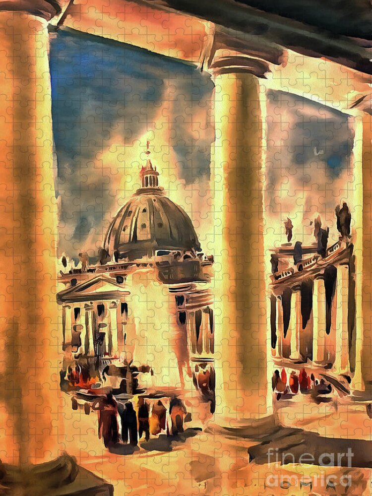  Architecture Jigsaw Puzzle featuring the painting Piazza San Pietro in Roma Italy by Odon Czintos