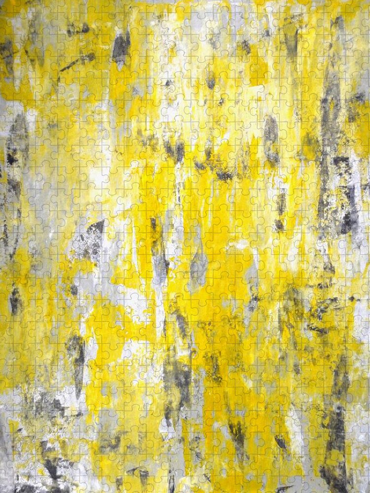 Grey Jigsaw Puzzle featuring the painting Picking Around - Grey and Yellow Abstract Art Painting by CarolLynn Tice