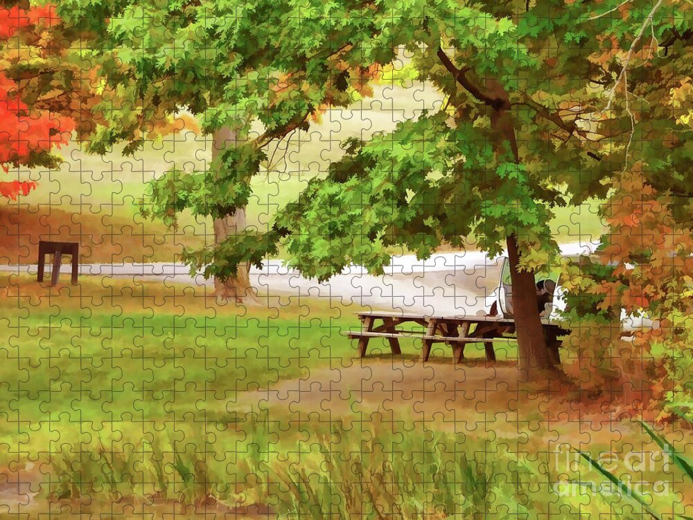 Picnic Tables On Olana Jigsaw Puzzle featuring the painting Picnic Tables on Olana 3 by Jeelan Clark