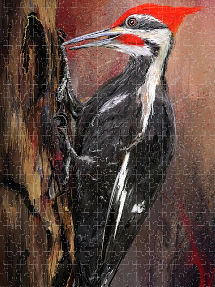 Pileated Woodpecker Jigsaw Puzzle featuring the painting Pileated Woodpecker Art by Lourry Legarde