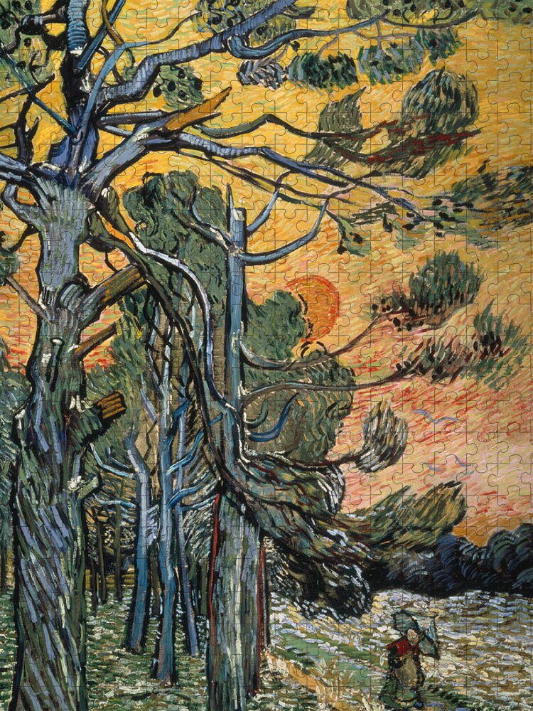 Pine Trees At Sunset Jigsaw Puzzle featuring the painting Pine Trees at Sunset by Vincent van Gogh