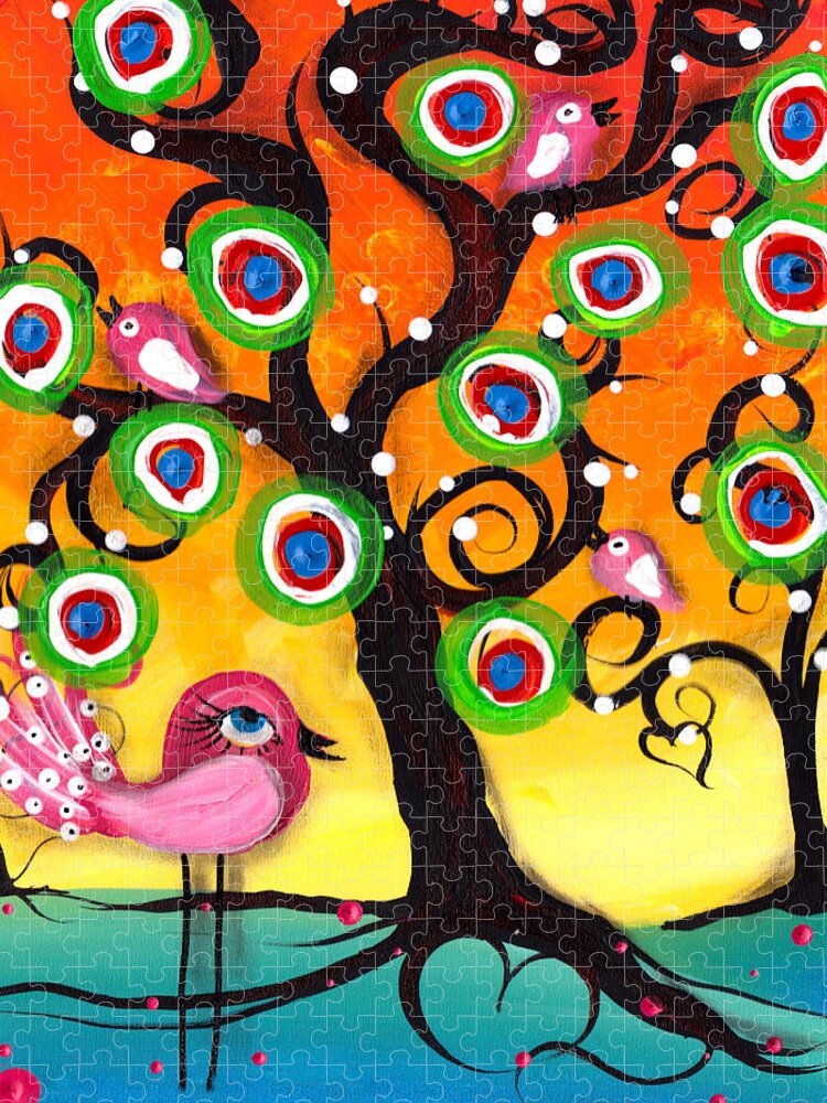 Abril Andrade Jigsaw Puzzle featuring the painting Pink Birds on a Tree by Abril Andrade