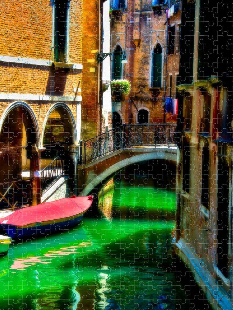 Gondola Jigsaw Puzzle featuring the photograph Pink Boat and Canal by Harry Spitz