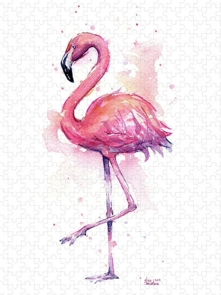 Flamingo Puzzle featuring the painting Pink Flamingo Watercolor Tropical Bird by Olga Shvartsur