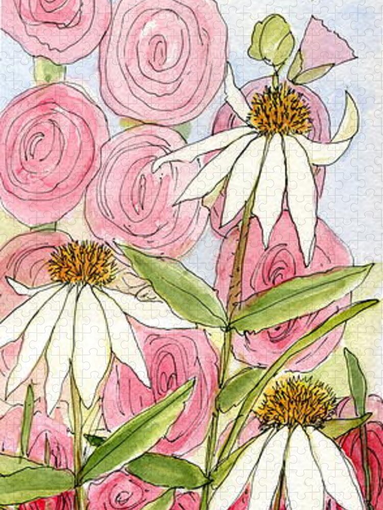 Hollyhock Jigsaw Puzzle featuring the painting Pink Hollyhock and White Coneflowers by Laurie Rohner