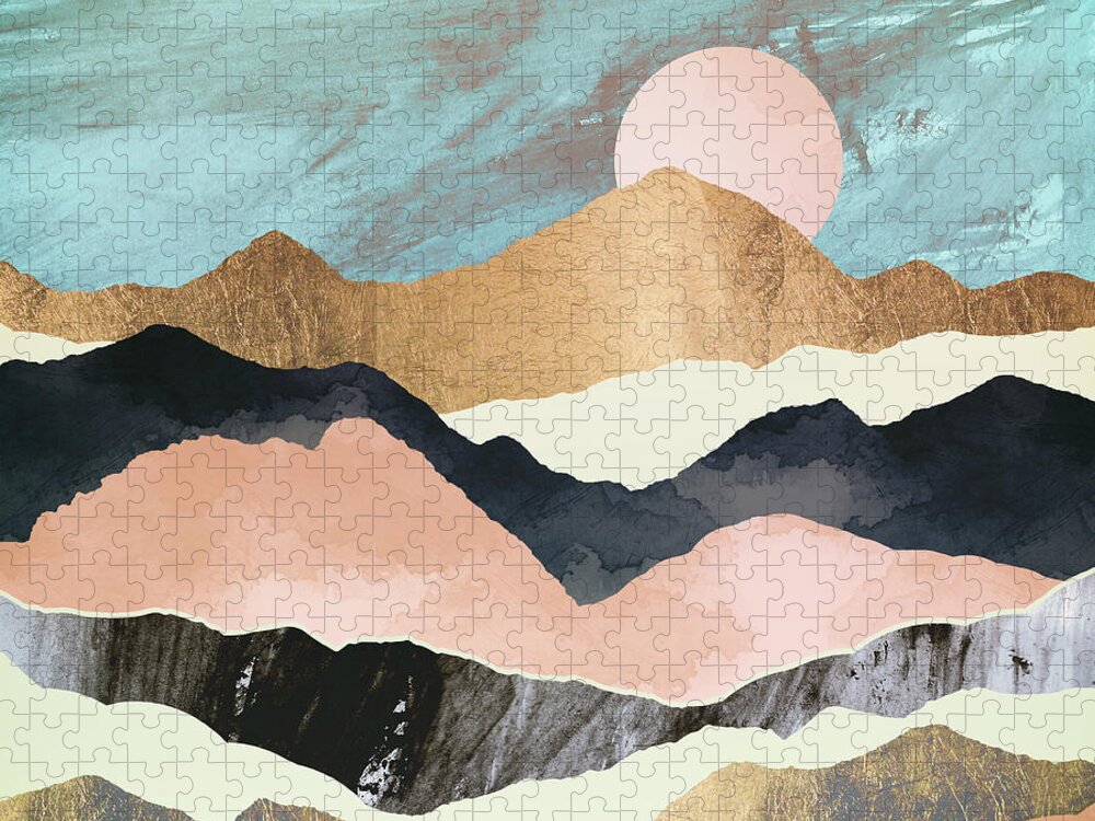 Pink Jigsaw Puzzle featuring the digital art Pink Mountains by Spacefrog Designs