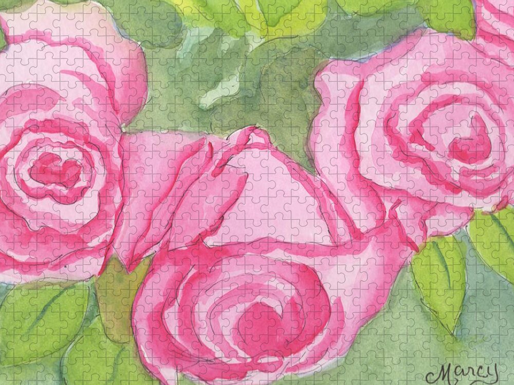Watercolor Jigsaw Puzzle featuring the painting Pink Roses by Marcy Brennan