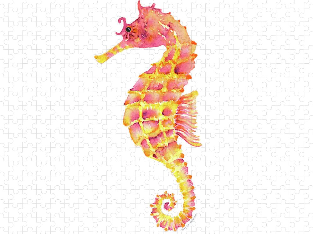 Seahorse Painting Jigsaw Puzzle featuring the painting Pink Yellow Seahorse - Square by Amy Kirkpatrick