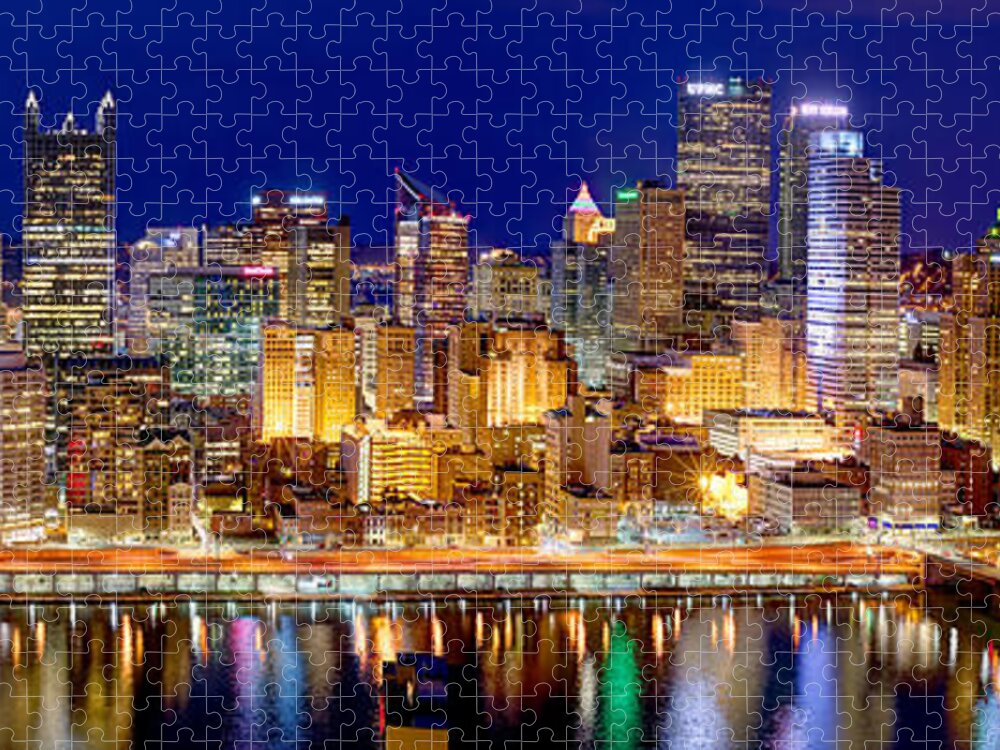 Pittsburgh Skyline At Night Jigsaw Puzzle featuring the photograph Pittsburgh Pennsylvania Skyline at Night Panorama by Jon Holiday