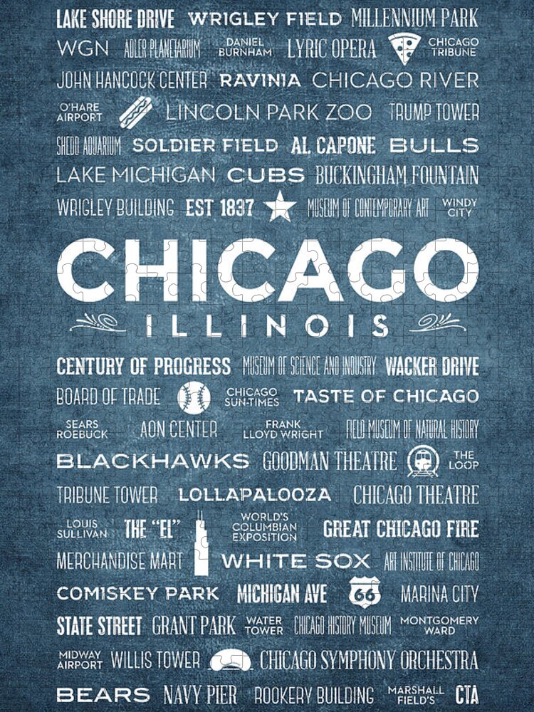 Chicago Jigsaw Puzzle featuring the digital art Places of Chicago on Blue Chalkboard by Christopher Arndt