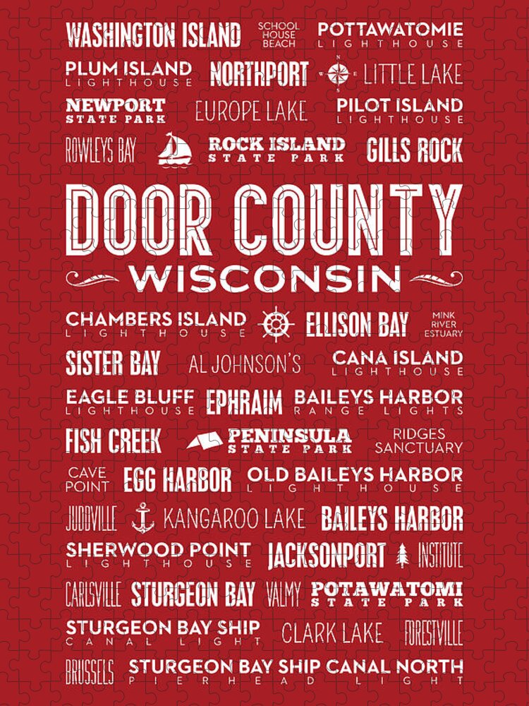 Door County Jigsaw Puzzle featuring the digital art Places of Door County on Red by Christopher Arndt